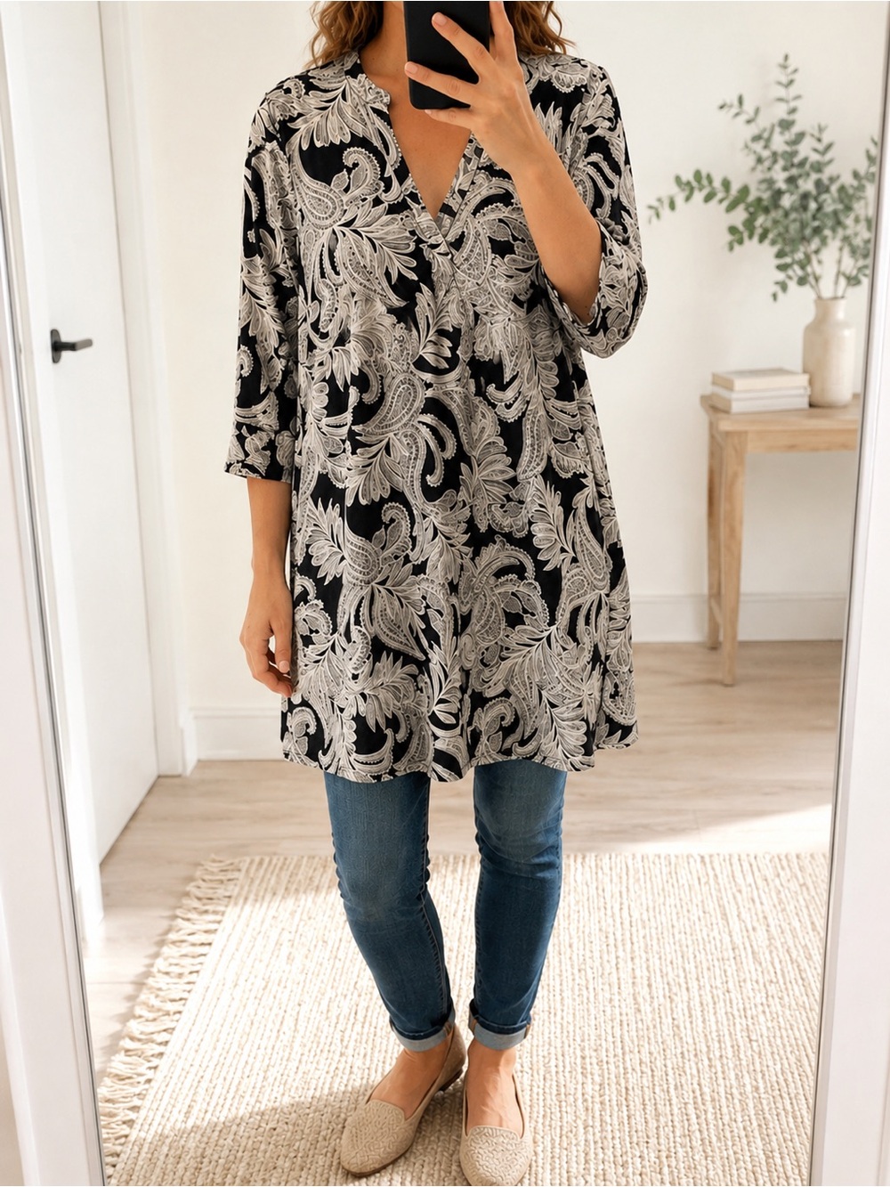 KENAR blouse tunic couver-up ecru white nude tan beige black floral V neck 2X